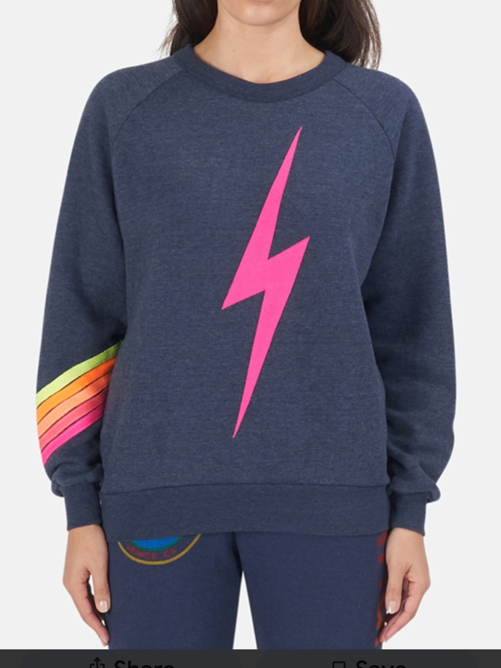 Aviator Nation Navy Sweatshirt with Pink Lightning Bolt and Rainbow Sleeve